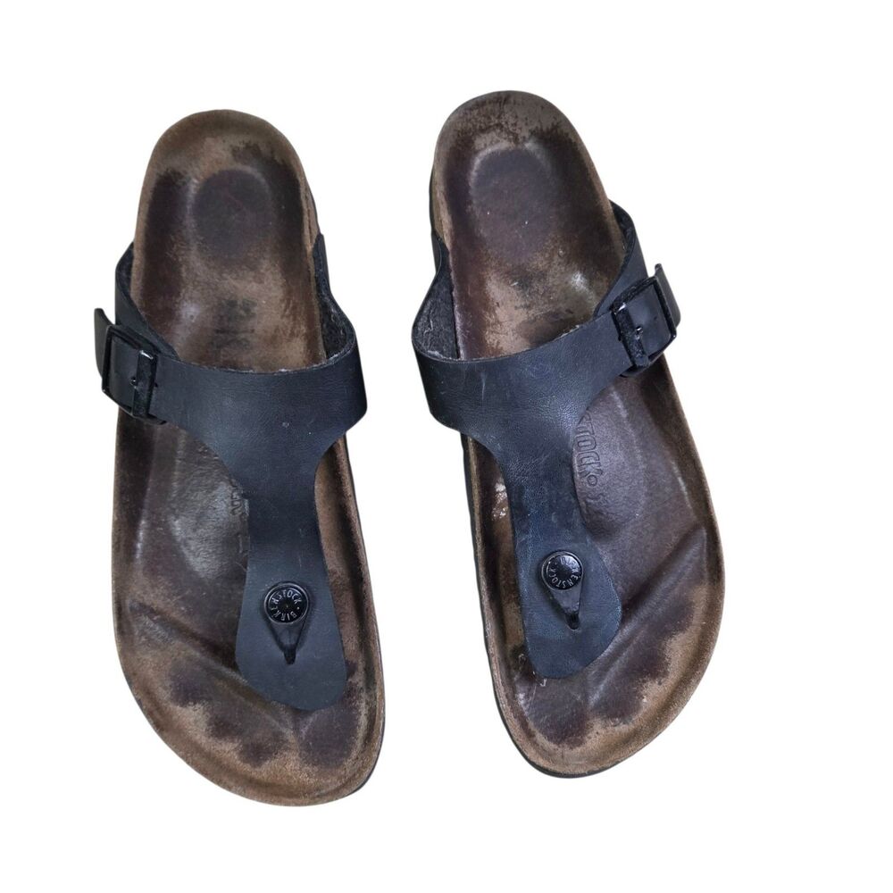 Birkenstock Gizeh Birko-Flor Black Leather Sandals with Buckle Size 10